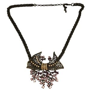 Signed Sweet Romance Vintage Rhinestone Victorian Revival Bow Necklace